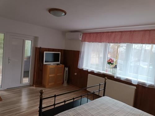 a bedroom with a bed and a tv and a window at Chata Tibor Skarba JAHODNA in Jahodná