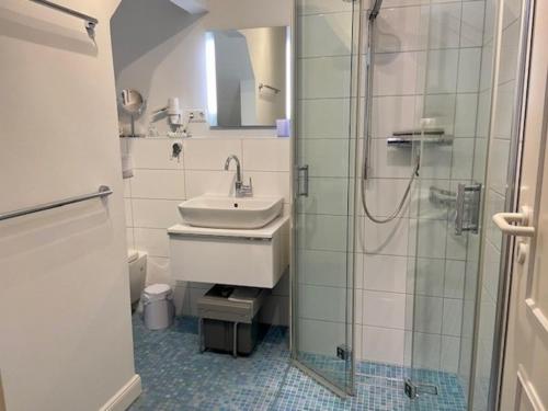 a bathroom with a sink and a shower at Amselnest in Wyk auf Föhr