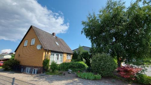 a yellow house with a tree in front of it at Haus Ostwind - Wohnung 3 in Dahme