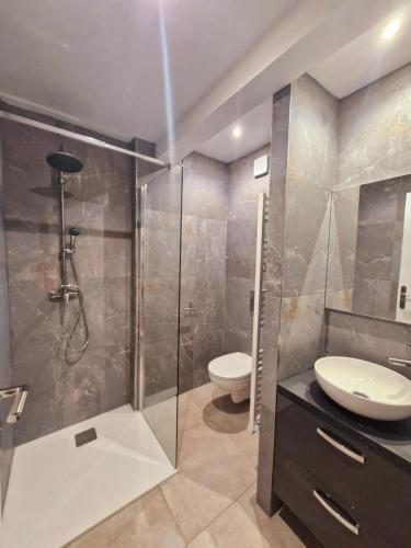 une salle de bain avec une douche, un lavabo et des toilettes dans l'établissement appartement 1 pégurier, à Nice