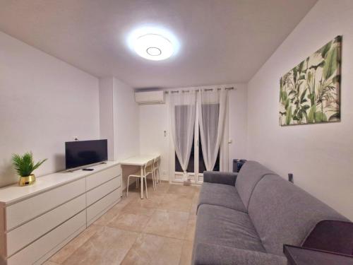 尼斯appartement 1 pégurier的客厅配有灰色的沙发和书桌