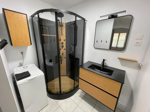 une salle de bain avec une douche avec un lavabo et un miroir dans l'établissement La parée, piscine, proche mer et centre ville, à Bretignolles-sur-Mer