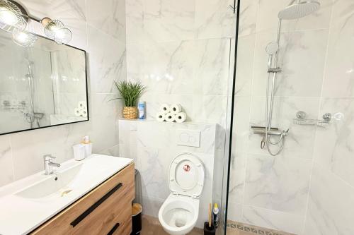 une salle de bain avec une douche, des toilettes et un lavabo dans l'établissement 06CP - Beautiful T2 super equipped with terrace, à Villeneuve-Loubet