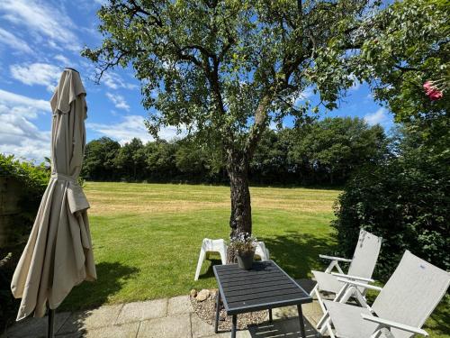 an umbrella and a table and chairs and a tree at Vakantiehuisje op de Rotmanshoeve in Kotten