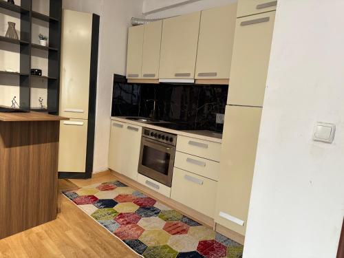 a kitchen with white cabinets and a kitchen rug at BT Apartments 2 in Pristina