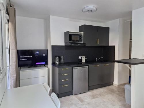 une petite cuisine avec un évier et un micro-ondes dans l'établissement appartement 2 pégurier, à Nice