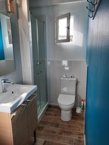 une salle de bain avec toilettes, lavabo et fenêtre dans l'établissement Au cœur de l'ile d'Oléron, à Dolus-d'Oléron