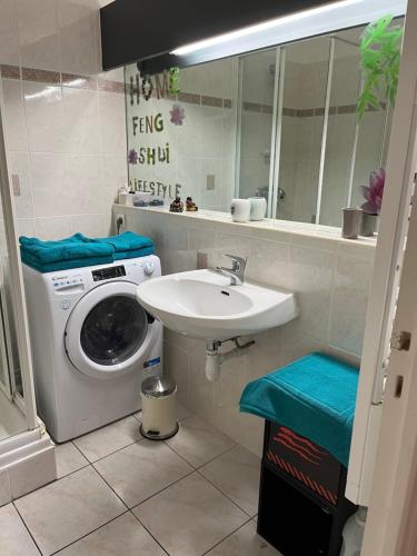 une salle de bain avec une machine à laver et un lavabo dans l'établissement Logement plein centre royan, à Royan