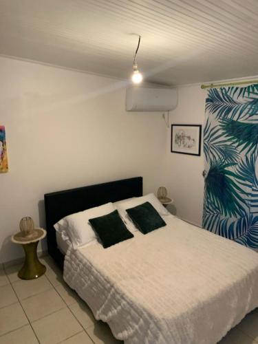 a bedroom with a white bed with two black pillows at Maison Centre-ville Mer à pied in Saint-François