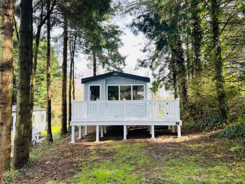 a white bench in the middle of a forest at 3 Bedroom Caravan LG3, Lower Hyde, Shanklin in Shanklin
