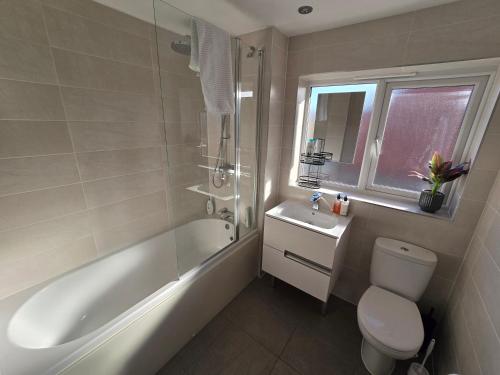 a bathroom with a toilet and a tub and a sink at Glynn House in Newport