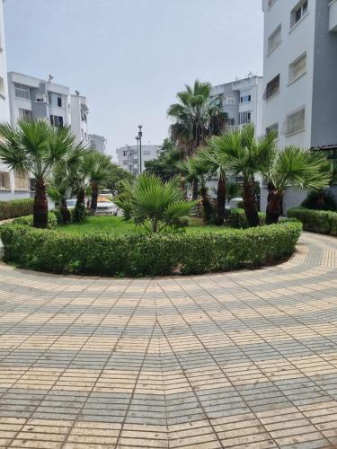 a walkway with palm trees in front of buildings at Bayt El Fath in Casablanca