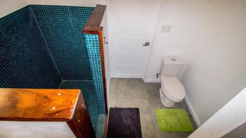 a small bathroom with a toilet and a shower at Casa Del Oeste, Playa Avellanas Beach House in Playa Avellana