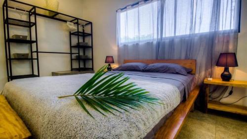 a bedroom with a bed with a plant on it at Casa Del Oeste, Playa Avellanas Beach House in Playa Avellana