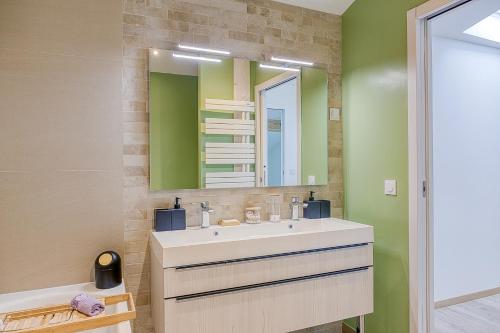 une salle de bain avec un lavabo et un miroir dans l'établissement Duplex du Cuchet Aux portes de la Gastronomie, à Chasselay