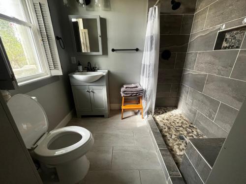 a bathroom with a toilet and a shower and a sink at Belton Bed and Breakfast in Belton