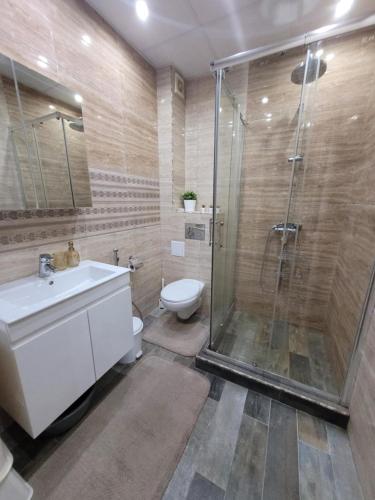 a bathroom with a shower and a toilet and a sink at Guest Apart Arda in Kŭrdzhali