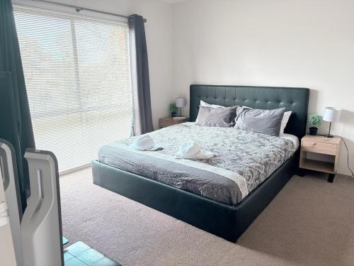 a bedroom with a bed with a green headboard and a window at Cozy comfortable House in Mildura