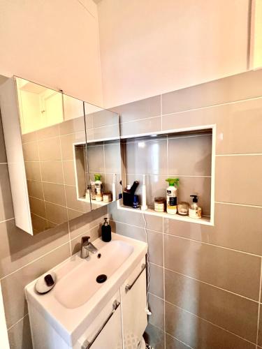 une salle de bain avec un lavabo et un miroir dans l'établissement Charming and cosy apartment, à Paris