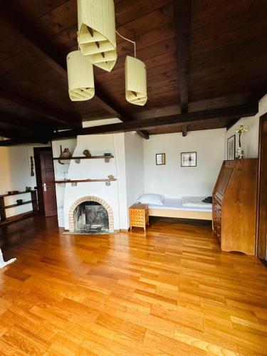 a living room with a bed and a fireplace at Casa Ilvea in Cavigliano