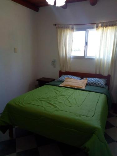 a bedroom with a green bed with a window at Cabaña Pope 2 in Federación