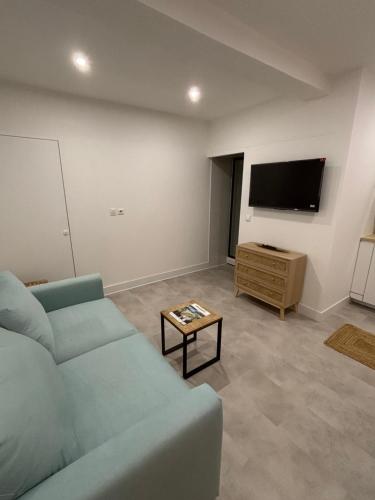 un salon avec un canapé bleu et une télévision à écran plat dans l'établissement Studio O Fil du Vent, à Gruissan