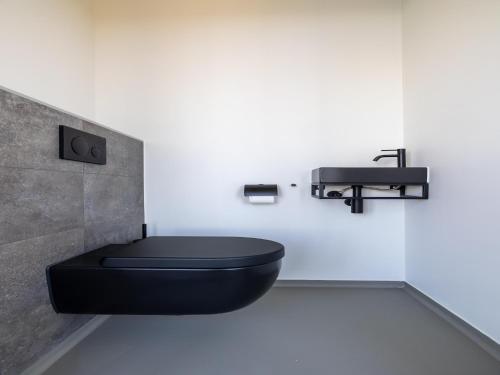 a bathroom with a black toilet and a sink at Penthouse in Sint-Annaland by the Beach in Sint Annaland