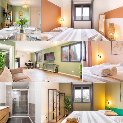 un collage de photos d'une chambre d'hôtel dans l'établissement Cozy - 3 Chambres - Netflix - Kitchenette - Le Montesquieu, à Roubaix