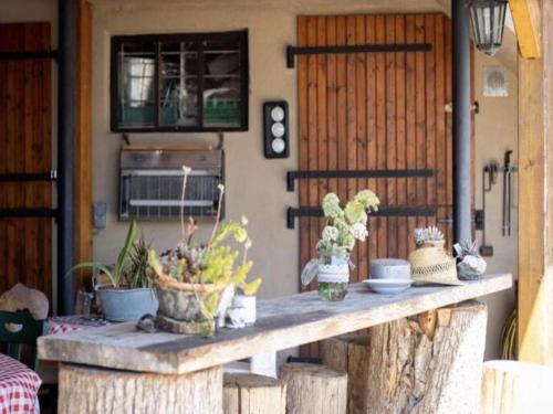 une table en bois avec des plantes au-dessus dans l'établissement Flat in Alsace near Vosges Nature Park, à Morschwiller