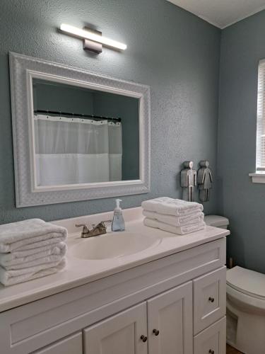 a bathroom with a sink with a mirror and a toilet at Near Kyle Field - Cottage Close To Campus in College Station