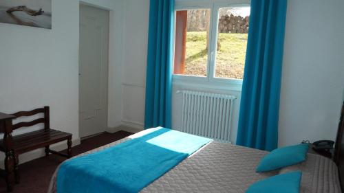a bedroom with a bed with blue curtains and a window at Hôtel Robinson in Auch