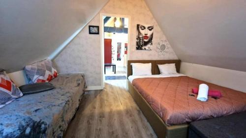 une chambre avec deux lits dans un grenier dans l'établissement L'ETOILE DE BLOIS Appart Hyper Centre Château Gare à 5min, à Blois