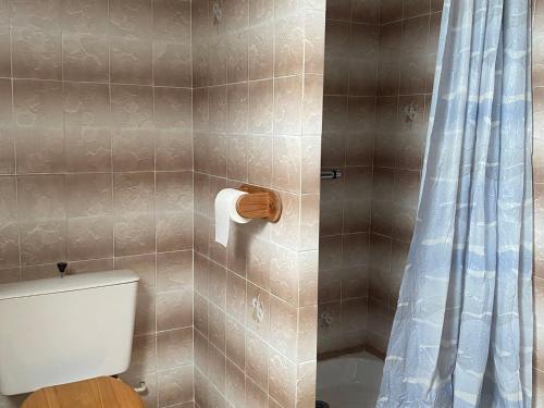 une salle de bain avec toilettes et douche dans l'établissement Appartement 1er étage avec jardin et parking près de Le Palais - FR-1-418-263, au Palais