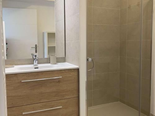 une salle de bain avec un lavabo et une douche dans l'établissement Bel appartement T2 avec terrasse privative et parking à Balaruc-les-Bains - FR-1-553-299, à Balaruc-les-Bains