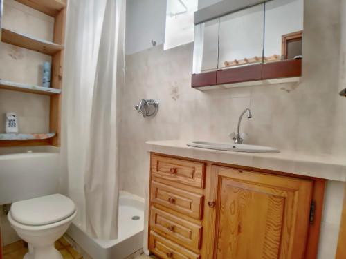 une salle de bain avec toilettes, lavabo et douche dans l'établissement Appartement pour 4 pers avec WIFI, proche marché - FR-1-475-197, à Saintes-Maries-de-la-Mer