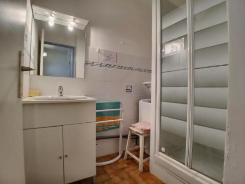 une salle de bain avec un lavabo et un miroir dans l'établissement Appartement RDC pour 4 pers avec cour et parking proche mer - FR-1-475-196, à Saintes-Maries-de-la-Mer
