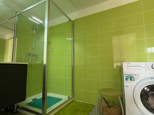 - une salle de bains carrelée de vert avec un lave-linge dans l'établissement Spacieux T2 avec terrasses et garage, animaux bienvenus - FR-1-555-111, à Aix-les-Bains