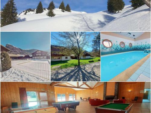 un collage de photos d'une maison et d'une piscine dans l'établissement T2 pour 6 pers, parking et services inclus - FR-1-629-145, à Samoëns
