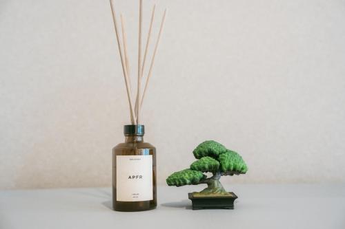 a bottle of wine next to a small broccoli plant at Tokyo Base Meguro Room #301 in Tokyo