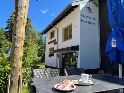 a slice of cake on a table with a cup of coffee at Naturfreundehaus Brend in Neuweg