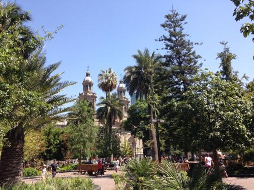 a park in front of a building with palm trees at Azzaí Bellas Artes in Santiago