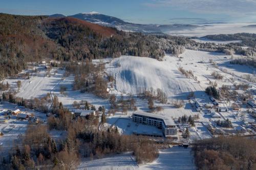 an aerial view of a ski resort in the snow at BREZOVINA Apartmán Pohoda Orava in Veselé