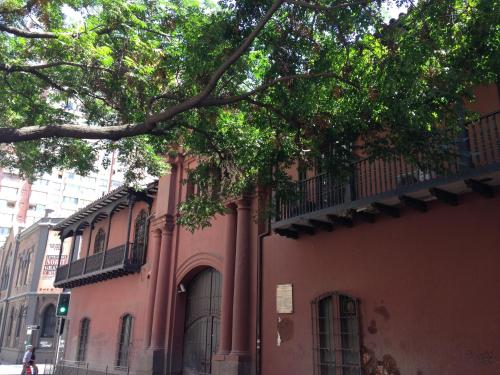 a pink building with a tree in front of it at Azzaí Bellas Artes in Santiago