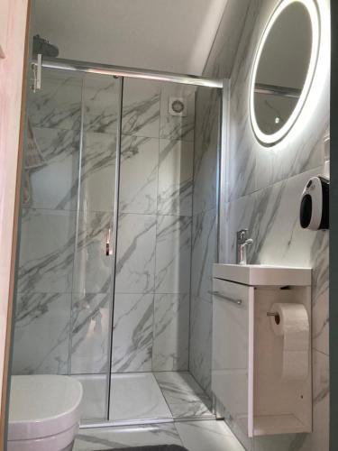 a bathroom with a shower with a toilet and a sink at Leśne Domki Premium in Prokowo