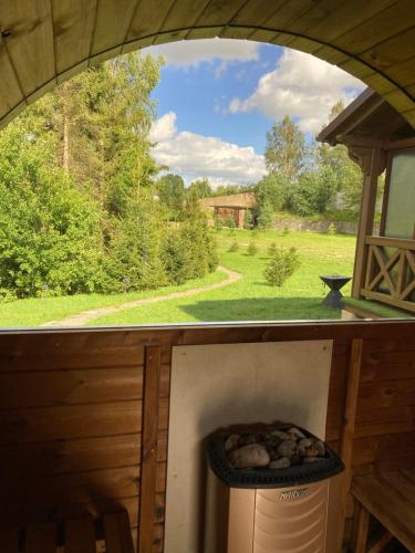a view of a garden from inside a house at Leśne Domki Premium in Prokowo