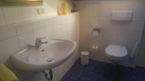 a bathroom with a sink and a toilet at Gästehaus am Rathaus, Mehrbettzimmer 1 in Hohenpeißenberg