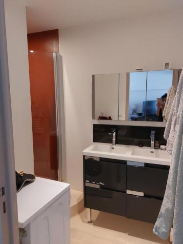 La salle de bains est pourvue de 2 lavabos, d'un miroir et d'une douche. dans l'établissement le logis du truqué, à Lège-Cap-Ferret