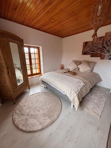 a bedroom with a bed with a mirror and a rug at Studio proche de la cité médiévale Crémieu in Dizimieu