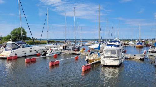 a bunch of boats are docked in the water at Vänerport Lakefront Hotell in Mariestad