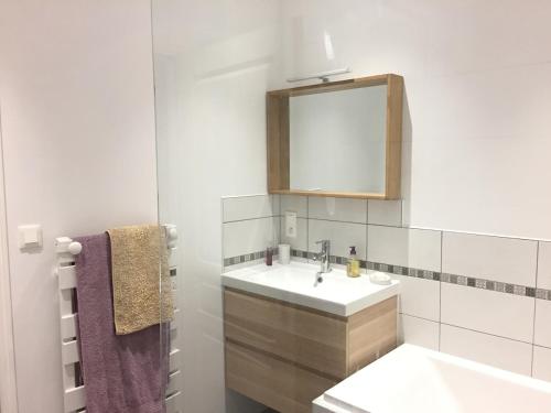 une salle de bain avec un lavabo et un miroir dans l'établissement La Bergerie, à Pessac-sur-Dordogne
